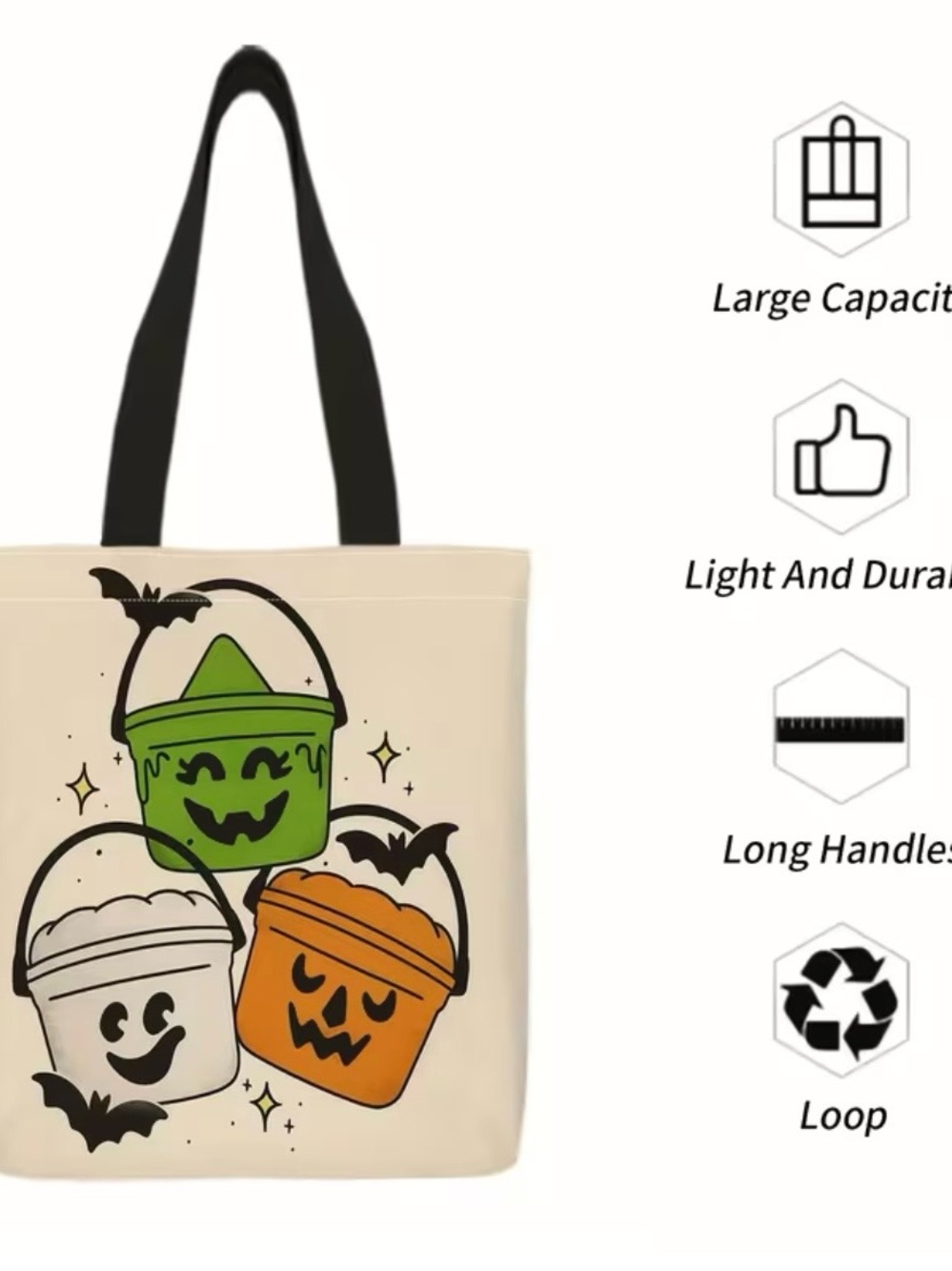 Halloween Tote Bag with Green Witch Orange Pumpkin & White Ghost Treat Buckets - Picture 2 of 5